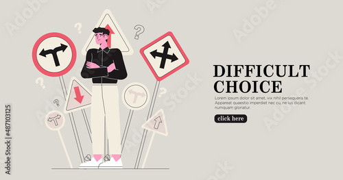 Business decision making, career path, work direction or choose the right way to success concept, confusing man or student looking at multiple road sign with question mark and think which way to go.