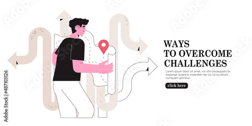 Man read map and choose which way to go or direction to take. Concept of challenge, right decision making, life and career crossroads, effective business solution. Male character with gps pin.