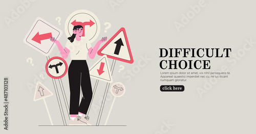 Business decision making, career path, work direction or choose the right way to success concept, confusing woman or student looking at multiple road sign with question mark and think which way to go.
