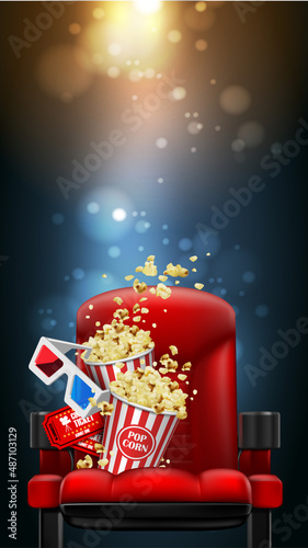 Red theater chair, popcorn, glasses and tickets. 3D vector. High detailed realistic illustration