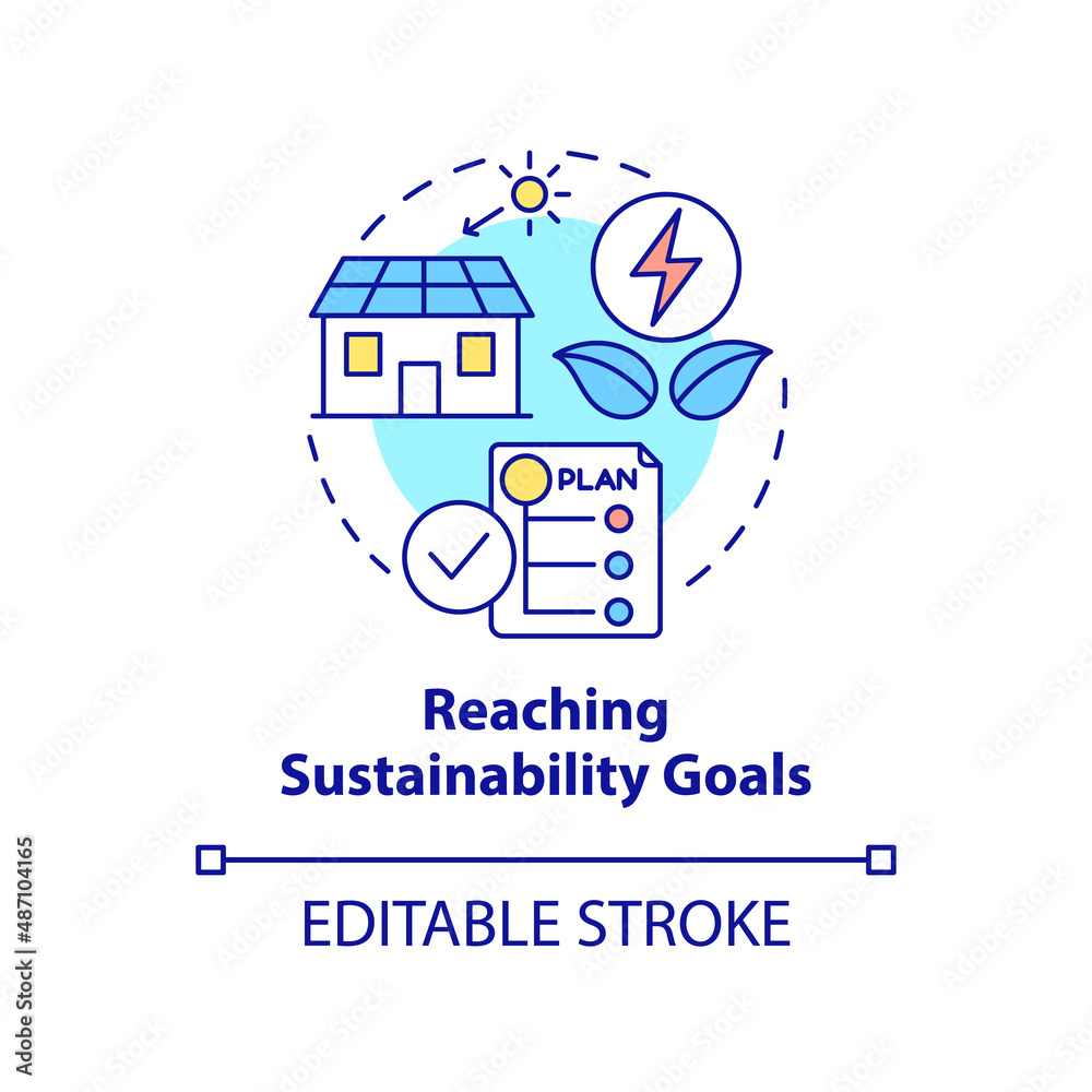Reaching sustainability goals concept icon. Clean energy usage. Pros of PPA abstract idea thin line illustration. Isolated outline drawing. Editable stroke. Arial, Myriad Pro-Bold fonts used