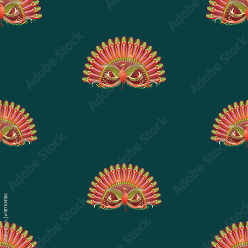 Seamless pattern of decorative red cartoon peacocks