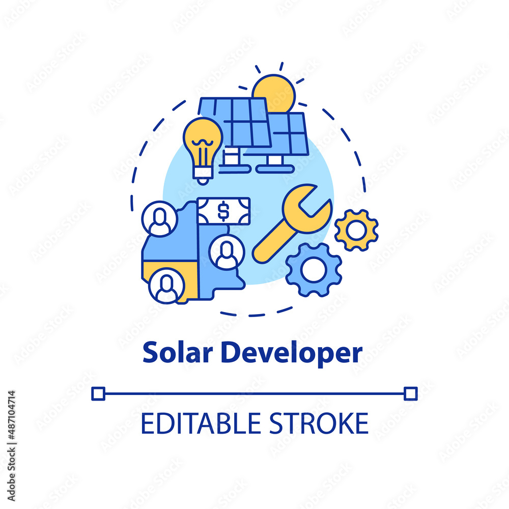 Solar developer concept icon. Renewable energy system. Power purchase agreements abstract idea thin line illustration. Isolated outline drawing. Editable stroke. Arial, Myriad Pro-Bold fonts used