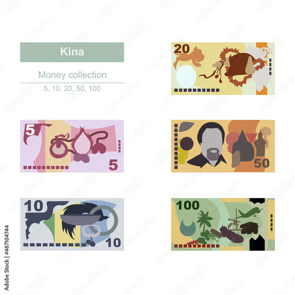 Kina Vector Illustration. Papua New Guinea money set bundle banknotes. Paper money 5, 10, 20, 50, 100 PGK. Flat style. Isolated on white background. Simple minimal design.