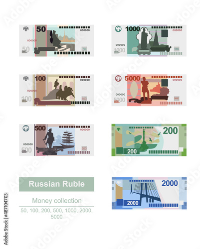 Russian Ruble Vector Illustration. Russia money set bundle banknotes. Paper money 50, 100, 200, 500, 1000, 2000, 5000 RUB. Flat style. Isolated on white background. Simple minimal design.