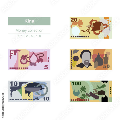 Kina Vector Illustration. Papua New Guinea money set bundle banknotes. Paper money 5, 10, 20, 50, 100 PGK. Flat style. Isolated on white background. Simple minimal design.