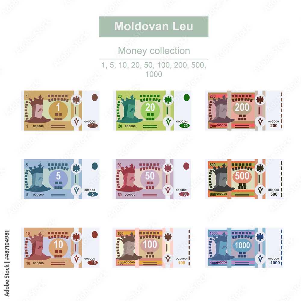 Moldovan Leu Vector Illustration. Moldova money set bundle banknotes. Paper money 1, 5, 10, 20, 50, 100, 200, 500, 1000 MDL. Flat style. Isolated on white background. Simple minimal design.