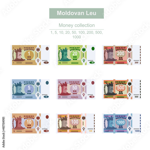 Moldovan Leu Vector Illustration. Moldova money set bundle banknotes. Paper money 1, 5, 10, 20, 50, 100, 200, 500, 1000 MDL. Flat style. Isolated on white background. Simple minimal design.