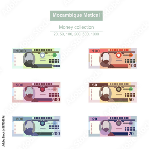 Mozambique Metical Vector Illustration. Mozambican money set bundle banknotes. Paper money 20, 50, 100, 200, 500, 1000 MZN. Flat style. Isolated on white background. Simple minimal design.