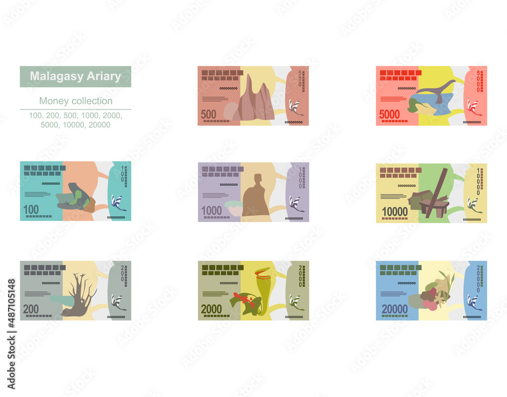 Malagasy Ariary Vector Illustration. Madagascar money set bundle banknotes. Paper money 100, 200, 500, 1000, 2000, 5000, 10000, 20000 MGA. Flat style. Isolated on white background.