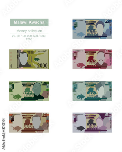 Malawi Kwacha Vector Illustration. Malawian money set bundle banknotes. Paper money 20, 50, 100, 200, 500, 1000, 2000 MWK. Flat style. Isolated on white background. Simple minimal design. photo