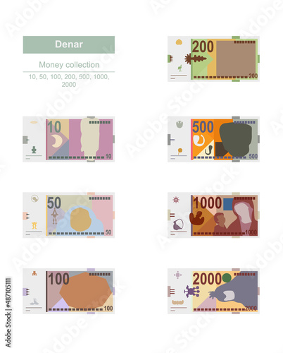 Macedonian Denar Vector Illustration. North Macedonia money set bundle banknotes. Paper money 10, 50, 100, 200, 500, 1000, 2000 MKD. Flat style. Isolated on white background. Simple minimal design.