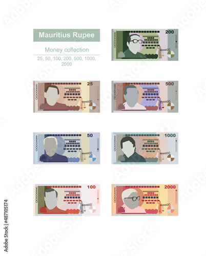 Mauritius Rupee Vector Illustration. Mauritian money set bundle banknotes. Paper money 25, 50, 100, 200, 500, 1000, 2000 MUR. Flat style. Isolated on white background. Simple minimal design.