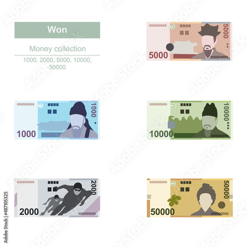 South Korean Won Vector Illustration. South Korea money set bundle banknotes. Paper money 1000, 2000, 5000, 10000, 50000 KRW. Flat style. Isolated on white background. Simple minimal design.
