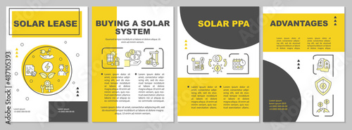 Solar energy getting ways yellow brochure template. Sustainable power. Leaflet design with linear icons. 4 vector layouts for presentation, annual reports. Arial, Myriad Pro-Regular fonts used photo