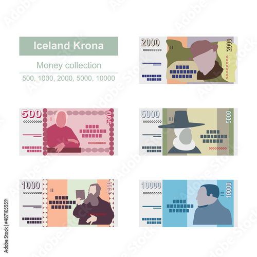 Iceland Krona Vector Illustration. Icelandic money set bundle banknotes. Paper money 500, 1000, 2000, 5000, 10000 ISK. Flat style. Isolated on white background. Simple minimal design.
