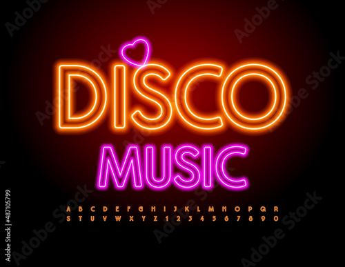 Vector bright Banner Disco Music. Modern Neon Font. Glowing Alphabet Letters and Numbers