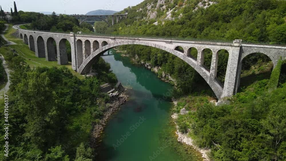 Solkan Rail Bridge over river SOca in Slovenia. Drone View Solkan Rail Bridge over river SOca in Slovenia. Drone View