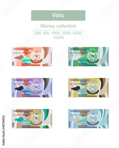 Vatu Vector Illustration. Vanuatu money set bundle banknotes. Paper money 200, 500, 1000, 2000, 5000, 10000 VUV. Flat style. Isolated on white background. Simple minimal design.