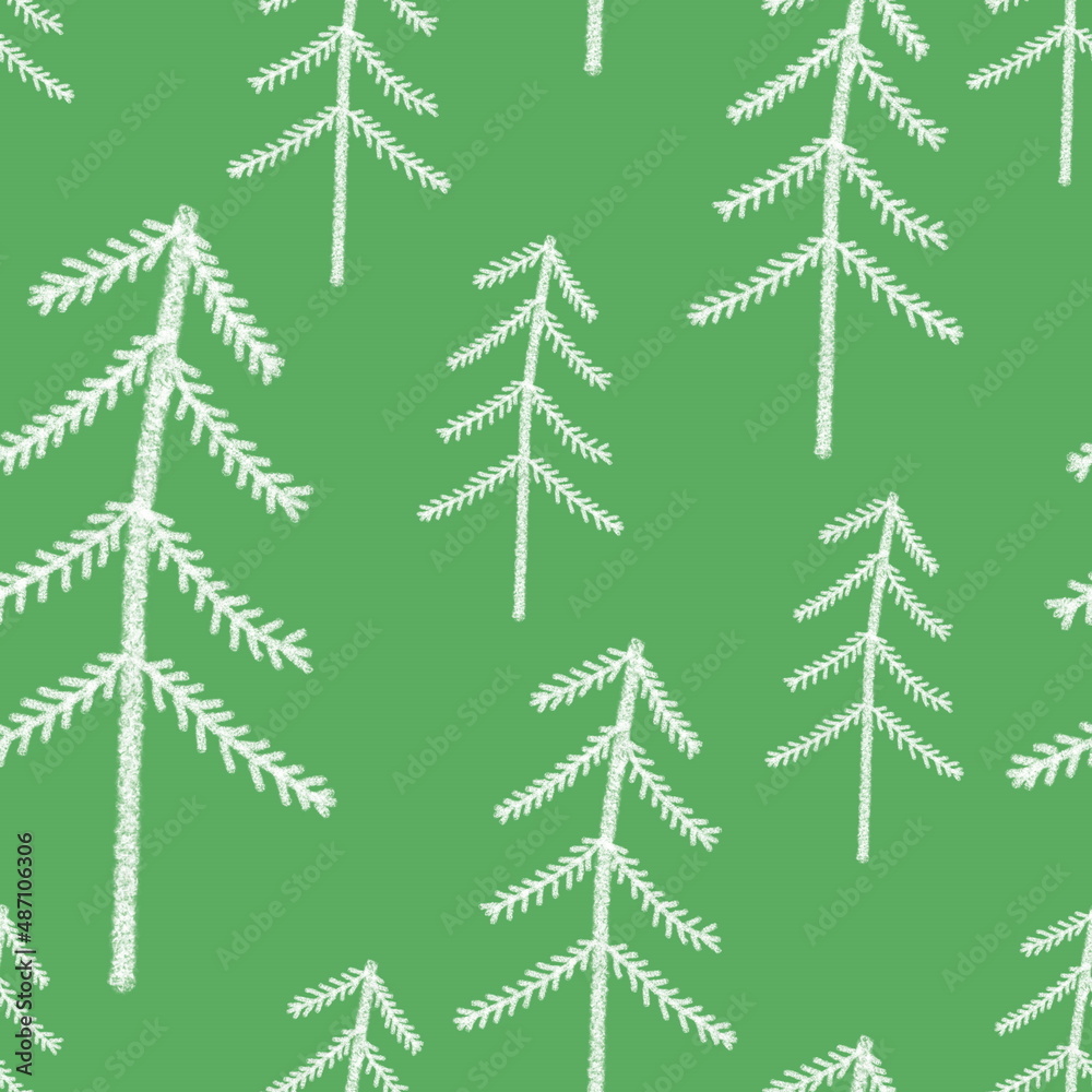 Seamless pattern with simple hand drawn elements. Spruce trees in the forest in doodle style on a green background. For textile, wallpaper and wrapping paper design.