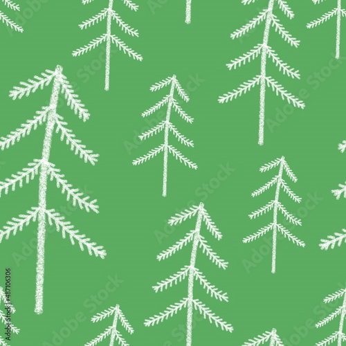 Seamless pattern with simple hand drawn elements. Spruce trees in the forest in doodle style on a green background. For textile  wallpaper and wrapping paper design.