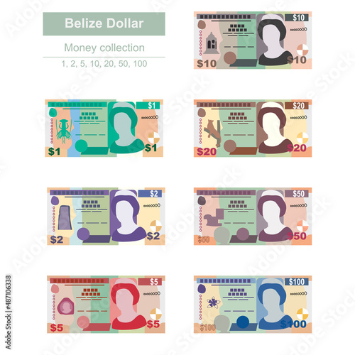 Belize Dollar Vector Illustration. Belizean money set bundle banknotes. Paper money 1, 2, 5, 10, 20, 50, 100 BZD. Flat style. Isolated on white background. Simple minimal design.