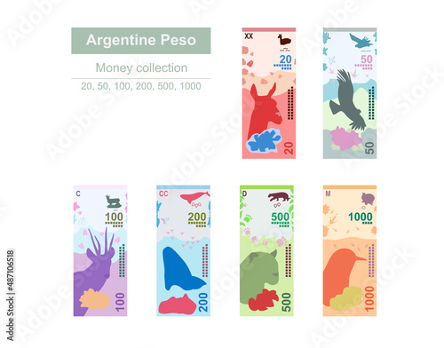 Argentine Peso Vector Illustration. Argentina money set bundle banknotes. Paper money 20, 50, 100, 200, 500, 1000 ARS. Flat style. Isolated on white background. Simple minimal design.
