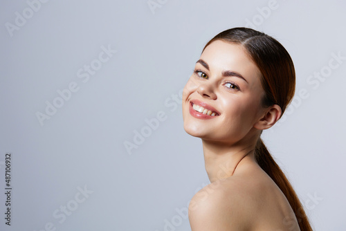 portrait woman smiling woman bare shoulders clean skin charm close-up Lifestyle