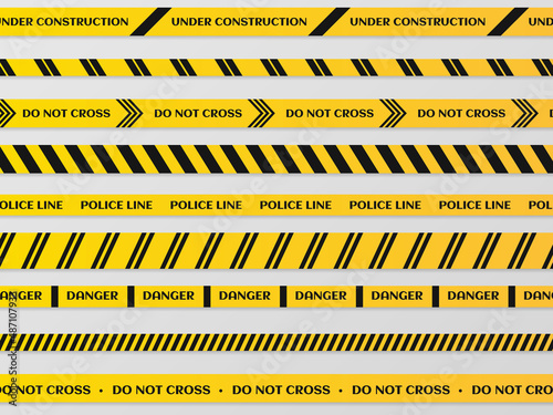 Black and yellow stripes vector police tape. Set of danger caution seamless tapes. Art design line of crime places.