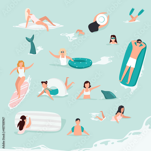 Sea swimming. Active people diving, swim with dolphins and surfing. Men and women swimming, diving, surfing, lying on floating air mattress and sunbathing, playing with ball.