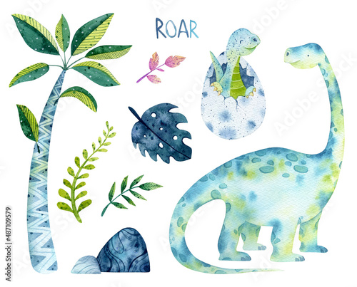 Watercolor cute baby dinosaurs illustration. Diplodocus, baby dino isolated. Tropical leaves, palm tree, volcano, dino eggs, jurassic hand drawn clipart. Cute animal illustration for kids. © NastiaVik