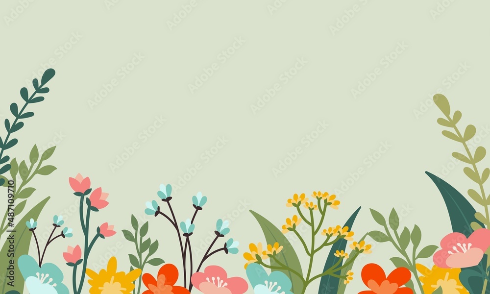 Beautiful vector background for text. Fashionable and colorful style of summer flower fields, petals, twigs, flowers on a delicate green background. Design for banner, cover, postcard, poster - obrazy, fototapety, plakaty 