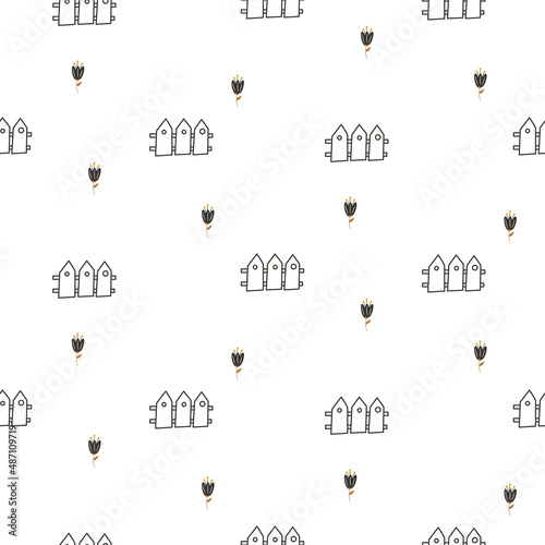 Cute seamless pattern with fence and flowers white background. Village pattern design.