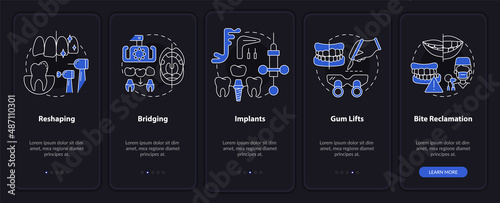 Cosmetic enhancement procedures night mode onboarding mobile app screen. Walkthrough 5 steps graphic instructions pages with linear concepts. UI, UX, GUI template. Myriad Pro-Bold, Regular fonts used