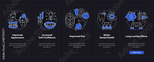 Aesthetic dentistry benefits night mode onboarding mobile app screen. Walkthrough 5 steps graphic instructions pages with linear concepts. UI, UX, GUI template. Myriad Pro-Bold, Regular fonts used
