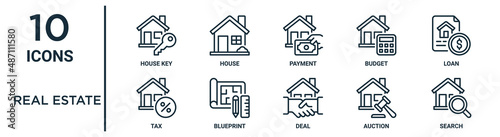 real estate outline icon set includes thin line house key, payment, loan, blueprint, auction, search, tax icons for report, presentation, diagram, web design