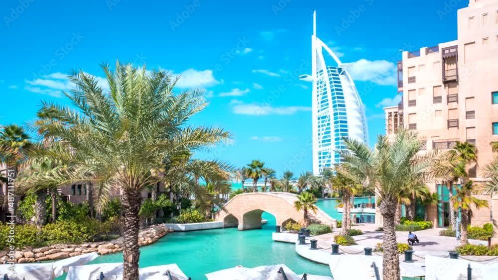 Timelapse view of the Burj al Arab luxury hotel seen from Medinat Jumeirah, Dubai