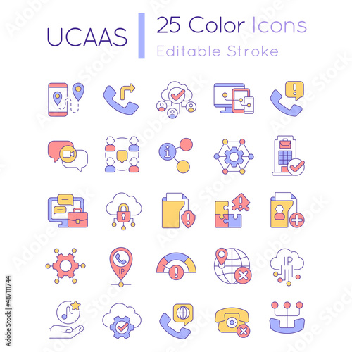 UCaaS RGB color icons set. Telecommunication system. Cloud delivered service tools. Isolated vector illustrations. Simple filled line drawings collection. Editable stroke. Quicksand-Light font used