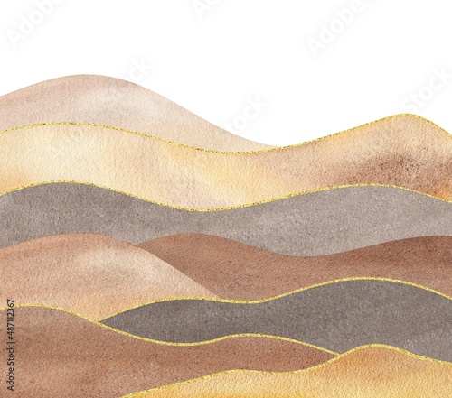 watercolor shapes of wavy mountain silhouette, paper textured background with hues of sepia, yellow, gold and brown