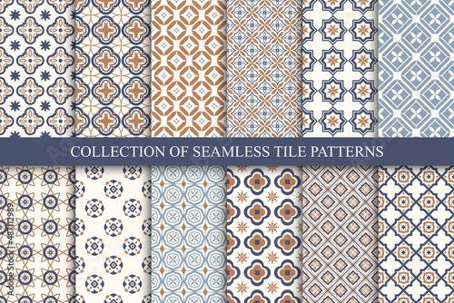 Collection of vector seamless geometric elegant patterns - color tile textures. Decorative tileable endless backgrounds. Repeatable symmetric prints