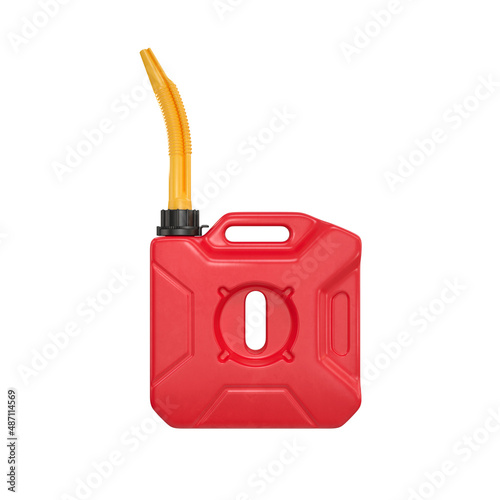 Photos Canister with fuel side view in red on a white background, 3d render