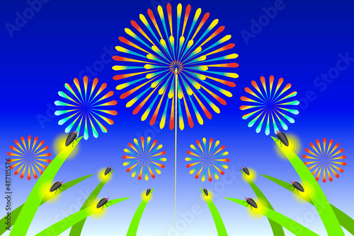 花火とホタル。夏の風物詩のイラスト。