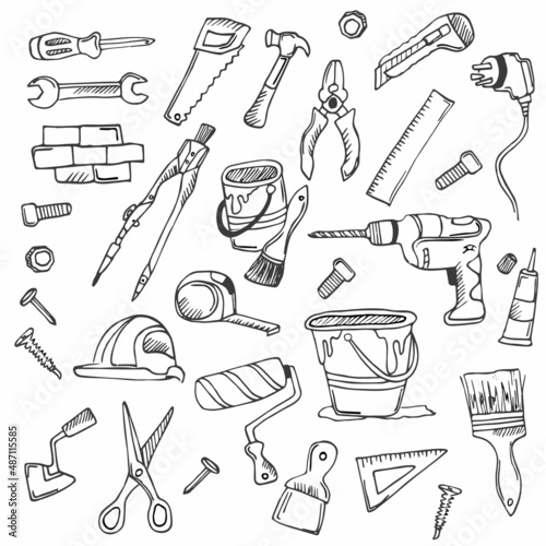 Big doodle set of home repair tools in doodle style. hand and electrical tools, wall painting and woodwork tools, different screwdrivers, drills, hammers, bolts, nails and nuts, measuring tools.