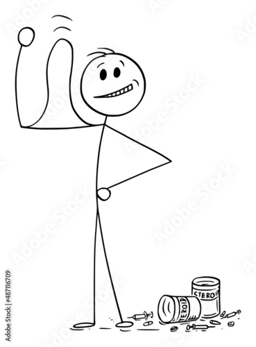 Person Showing His Steroid Biceps Muscles , Vector Cartoon Stick Figure Illustration