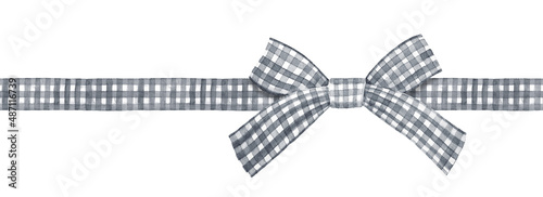 Seamless buffalo checkered plaid ribbon decorated with beautiful knotted bow. Black and white pattern. Hand drawn watercolour graphic sketch, isolated clip art element for festive design and decor.