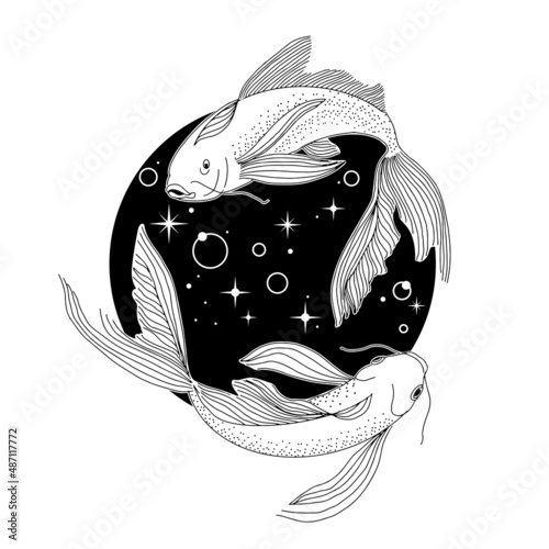 Fantastic celestial fish swimming in space. Vector esoteric illustration.