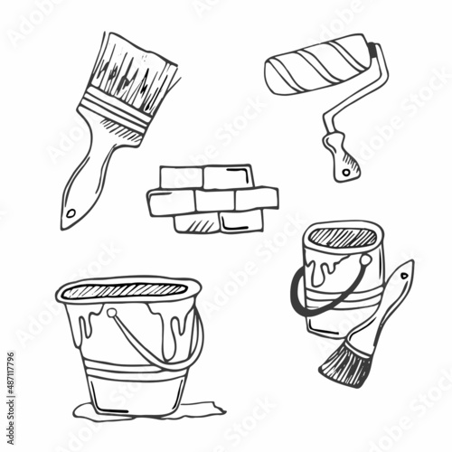 Tools Repair Doodle Icons. Wall painting doodle icons, paint brush and paint bucket.