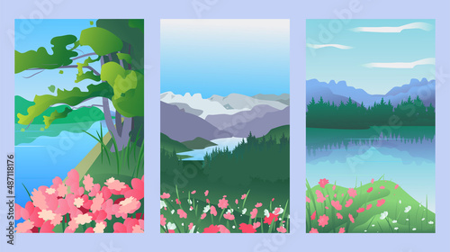 Collection of mountain and river spring flower landscapes for banner, web site, social media. Editable vector illustration 