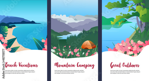 Collection of mountain, river and ocean spring flower landscapes for banner, web site, social media. Editable vector illustration 