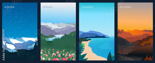 Set of graphic season landscapes. Editable vector illustrations. Winter, spring, summer, autumn. Sunset, sunrise, water and mountain landscape